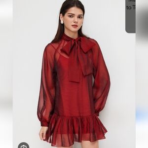 Cider Elegant Stand Collar Bowknot Red Sheer See-through  Mini Dress XS